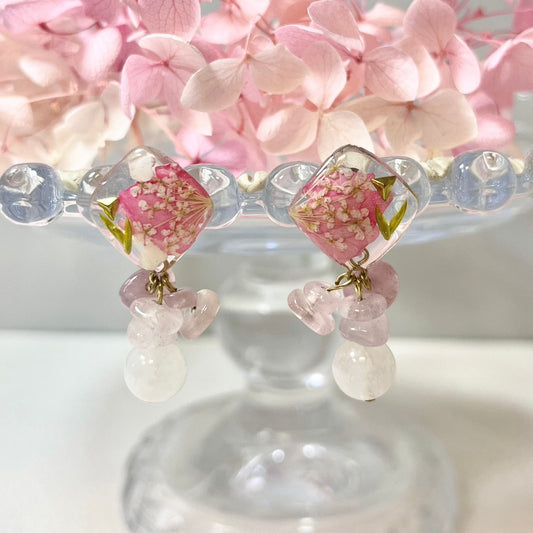 Sterling Silver Pink Jasmine Flower Earrings with Rose Quartz