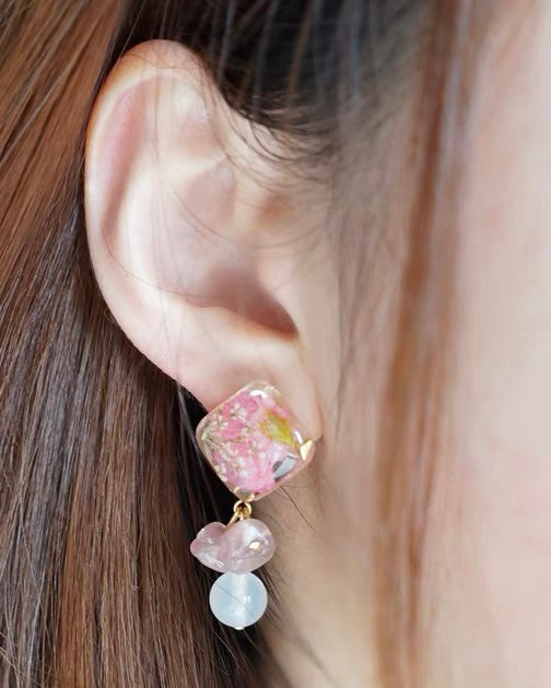 Sterling Silver Pink Jasmine Flower Earrings with Rose Quartz