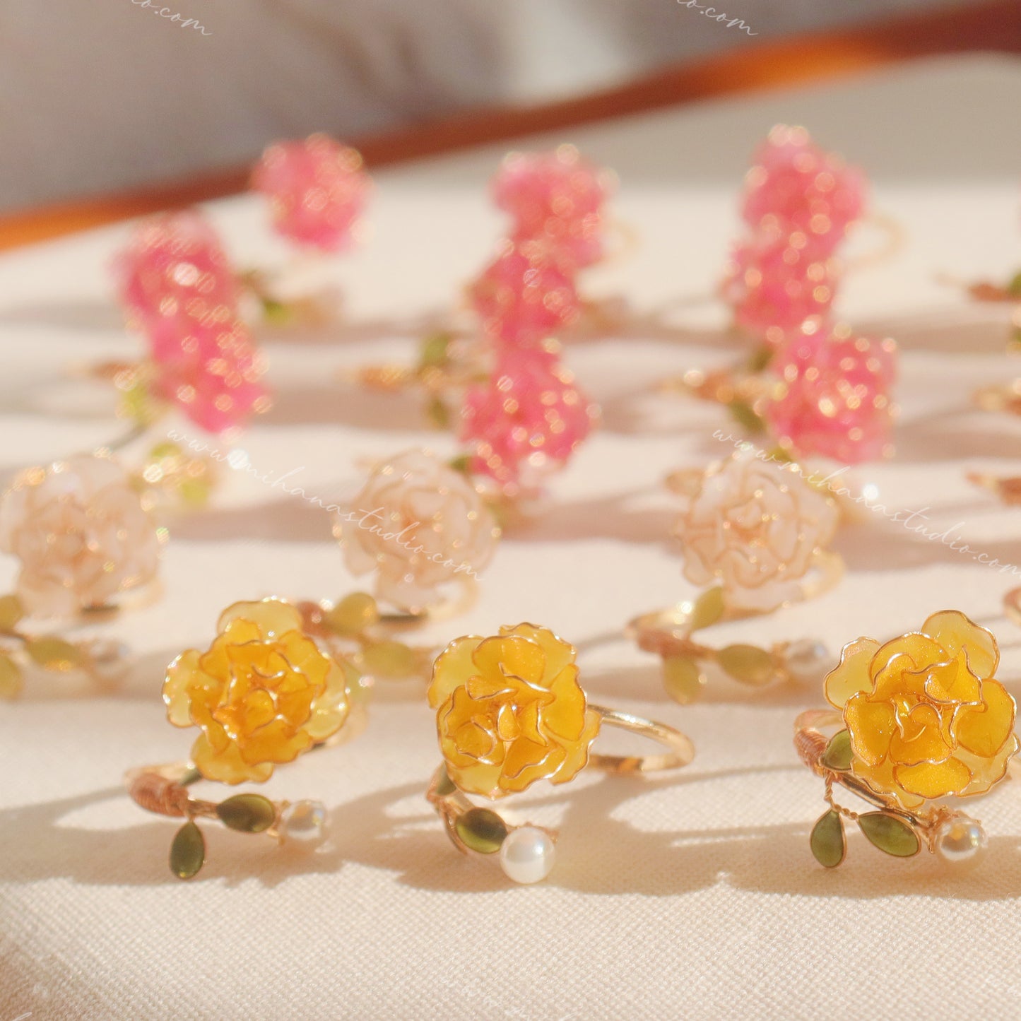 Gold Rose Open Rings with Pearls, Adjustable