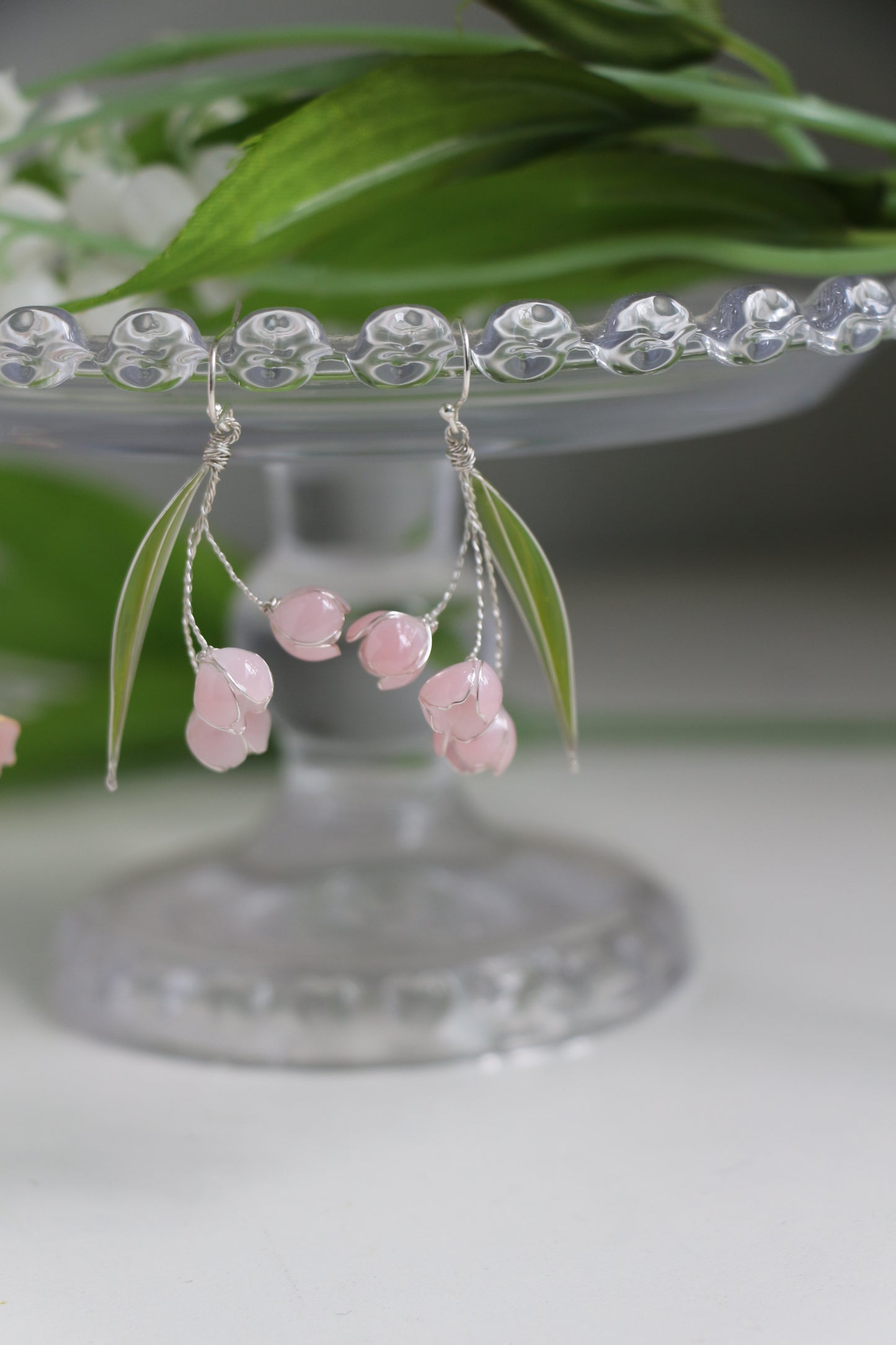 Pink Lily of Valley Earrings, May Birth Flower, Wire Wrapped