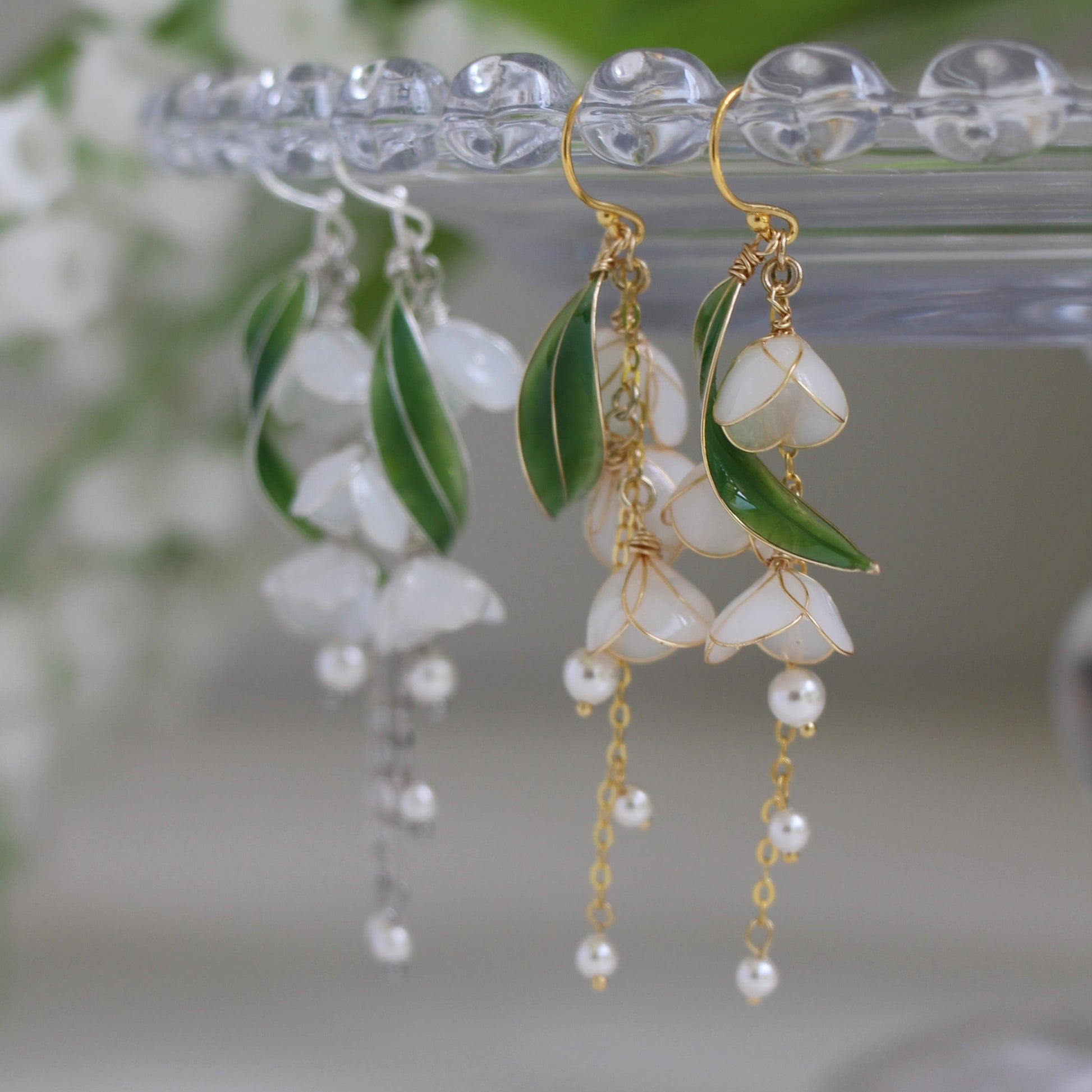 lily and white jewelry White Lily of Valley Earrings with Pearls, May Birth Flower, Gold Verm – mihanastudio