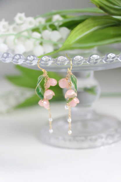 Light Pink Lily of Valley Earrings with Pearls, May Birth Flower, Bridal Jewellery, Wire Wrapped