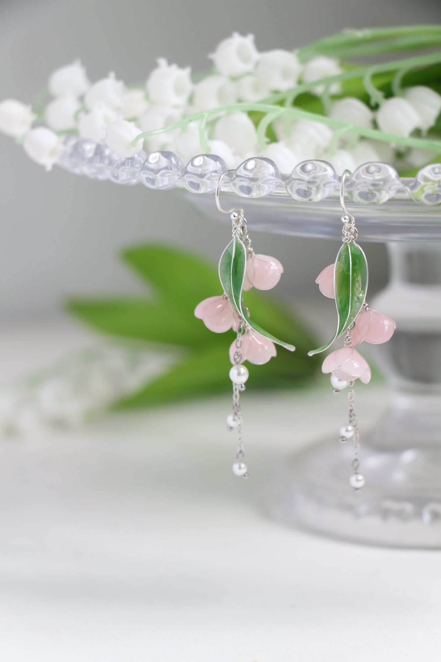 Light Pink Lily of Valley Earrings with Pearls, May Birth Flower, Bridal Jewellery, Wire Wrapped