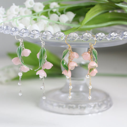 Light Pink Lily of Valley Earrings with Pearls, May Birth Flower, Bridal Jewellery, Wire Wrapped