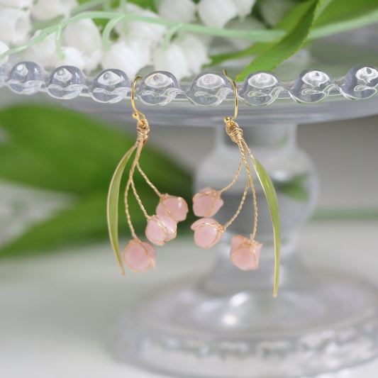 Pink Lily of Valley Earrings, May Birth Flower, Wire Wrapped