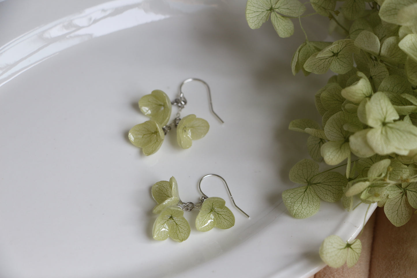 Real hydrangea gold and silver earrings dangle