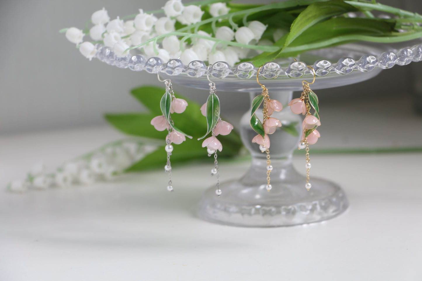 Light Pink Lily of Valley Earrings with Pearls, May Birth Flower, Bridal Jewellery, Wire Wrapped
