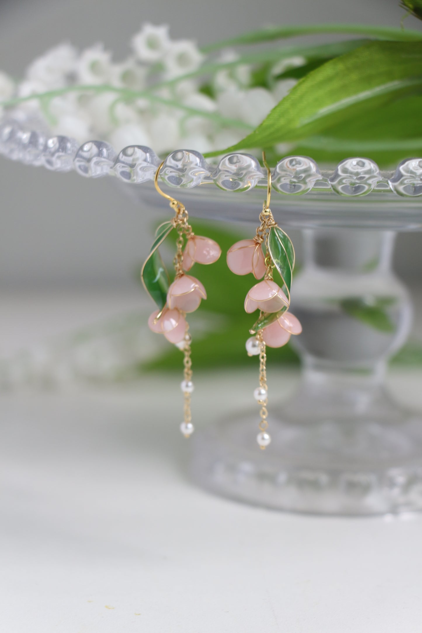 Light Pink Lily of Valley Earrings with Pearls, May Birth Flower, Bridal Jewellery, Wire Wrapped