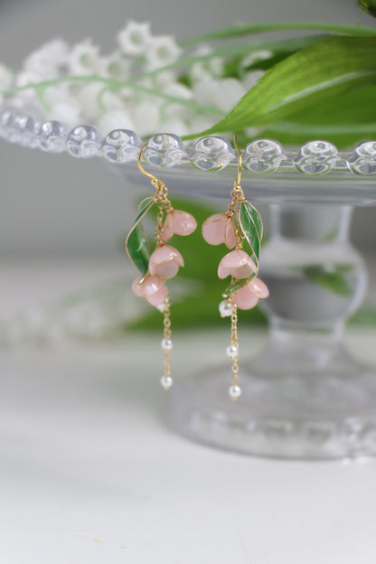 Light Pink Lily of Valley Earrings with Pearls, May Birth Flower, Bridal Jewellery, Wire Wrapped