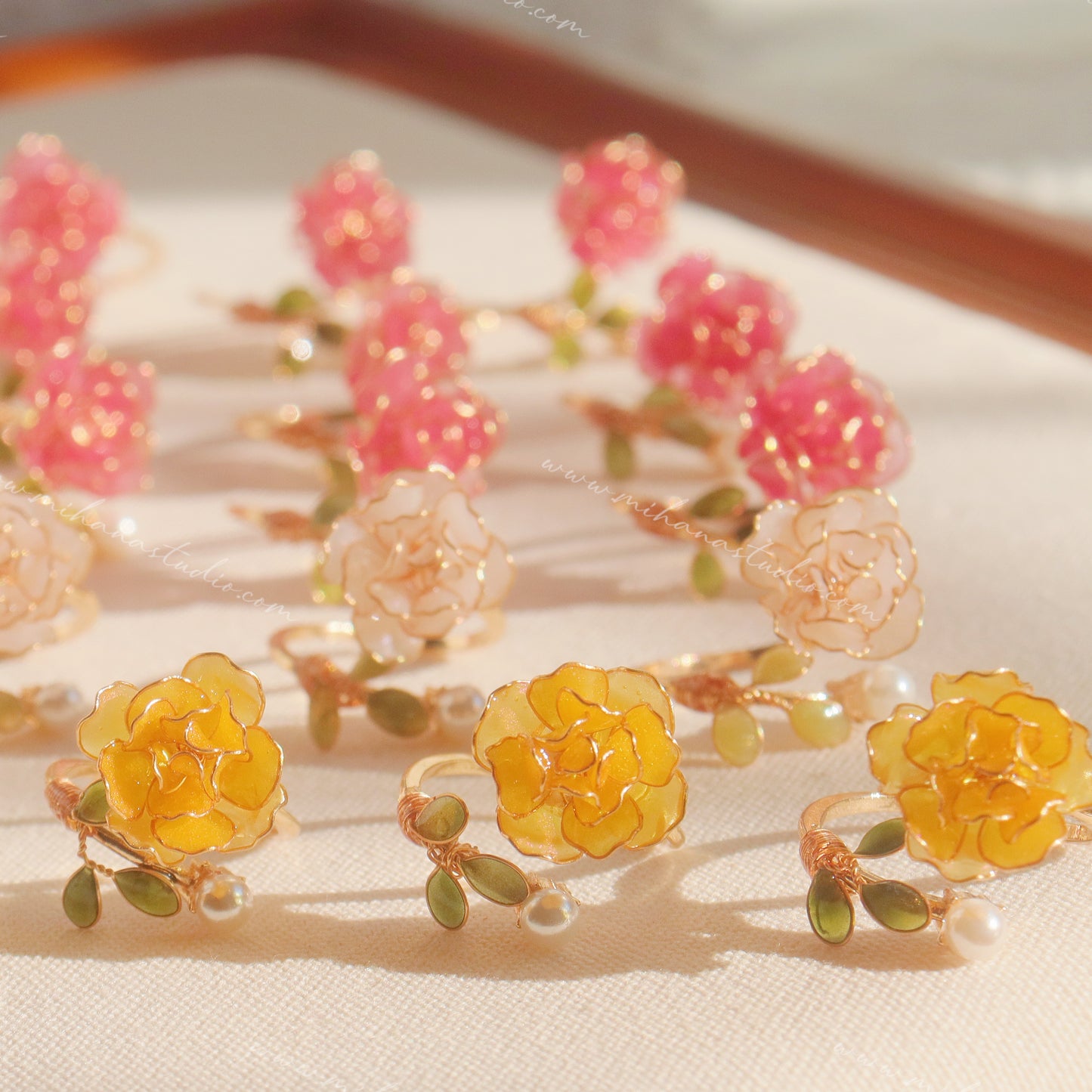 Gold Rose Open Rings with Pearls, Adjustable