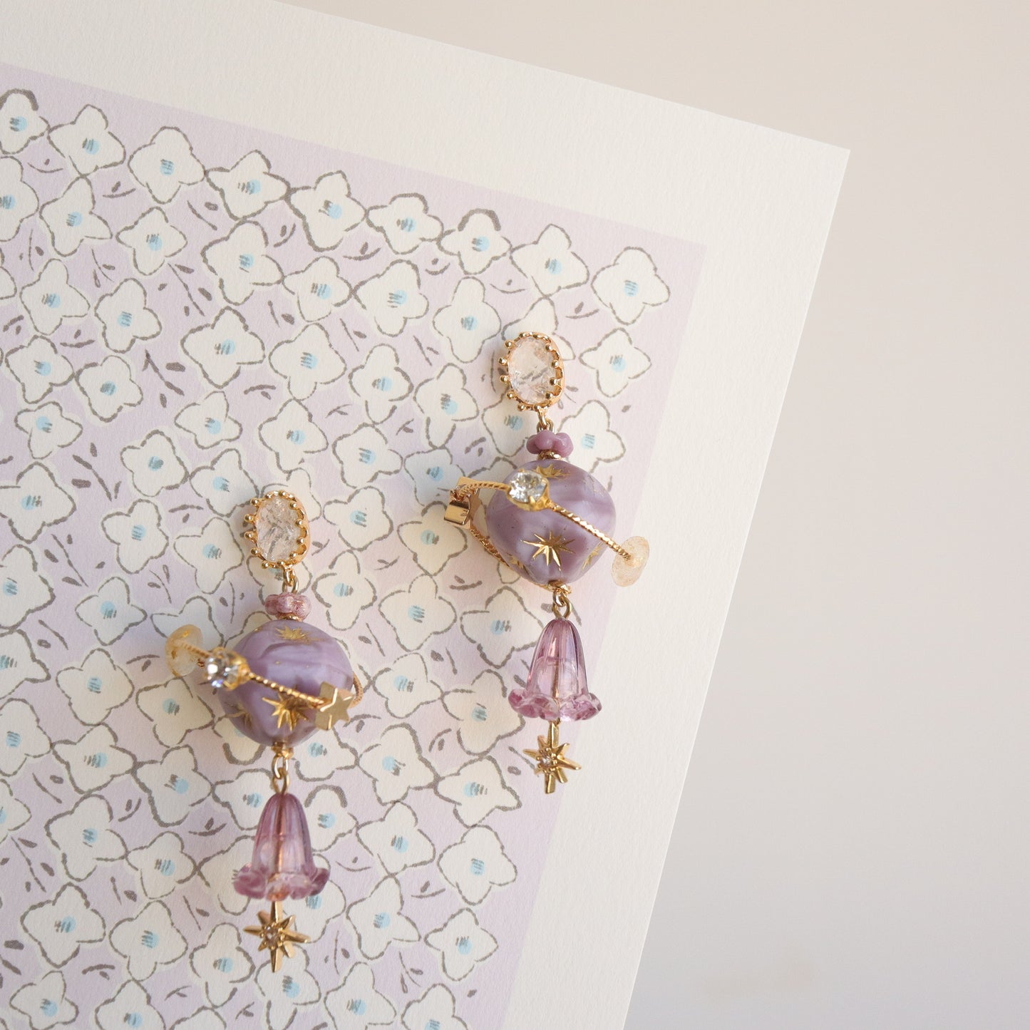 Purple Planet Bead Earrings with Stars