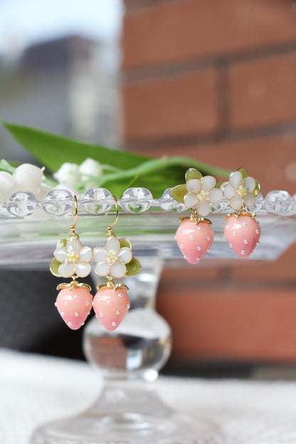 Resin Strawberry and Flower Earrings, Multicolour, Gold vermeil + 925 silver