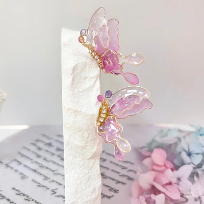Pink Butterfly Studs, Wire Wrapped