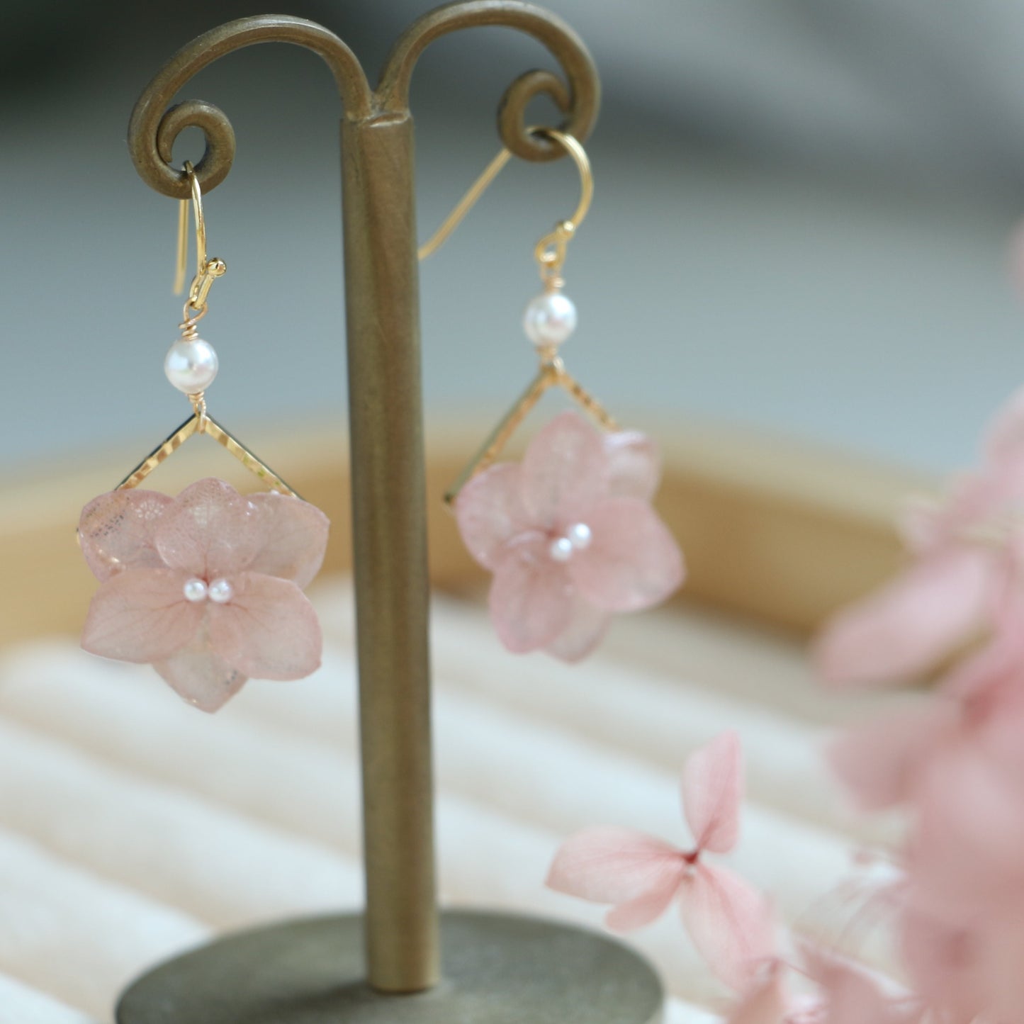 Baby Pink Gold Filled Real Hydrangea Earrings