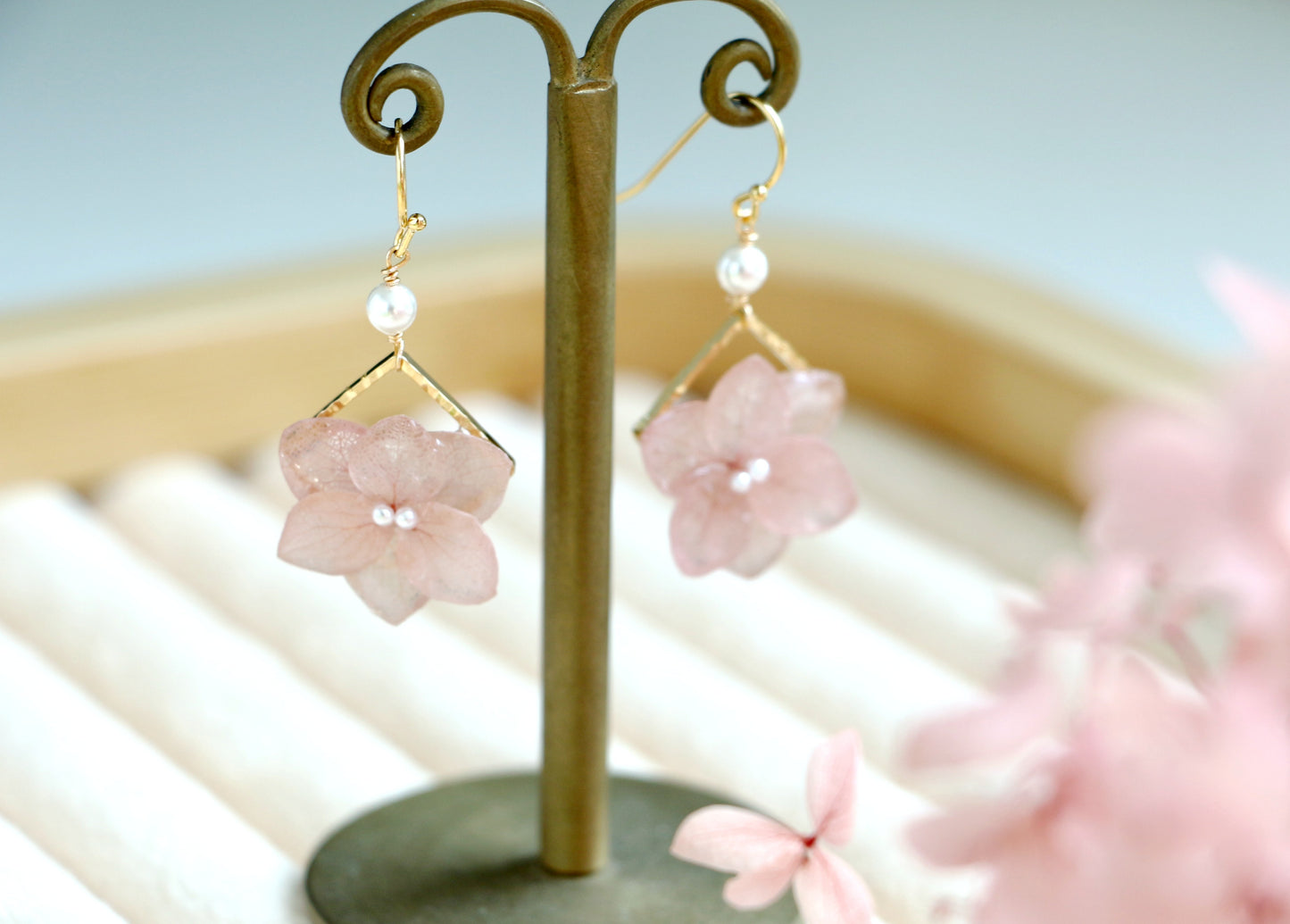 Baby Pink Gold Filled Real Hydrangea Earrings
