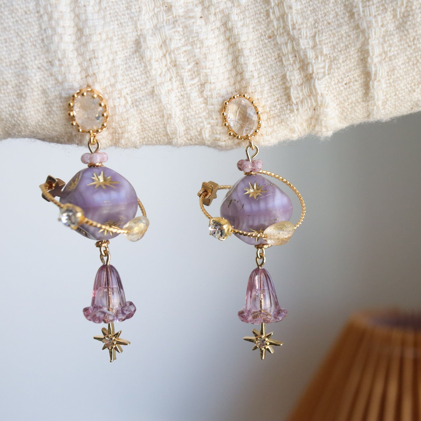 Purple Planet Bead Earrings with Stars