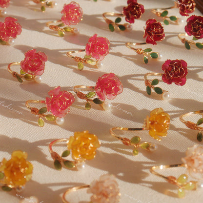 Gold Rose Open Rings with Pearls, Adjustable