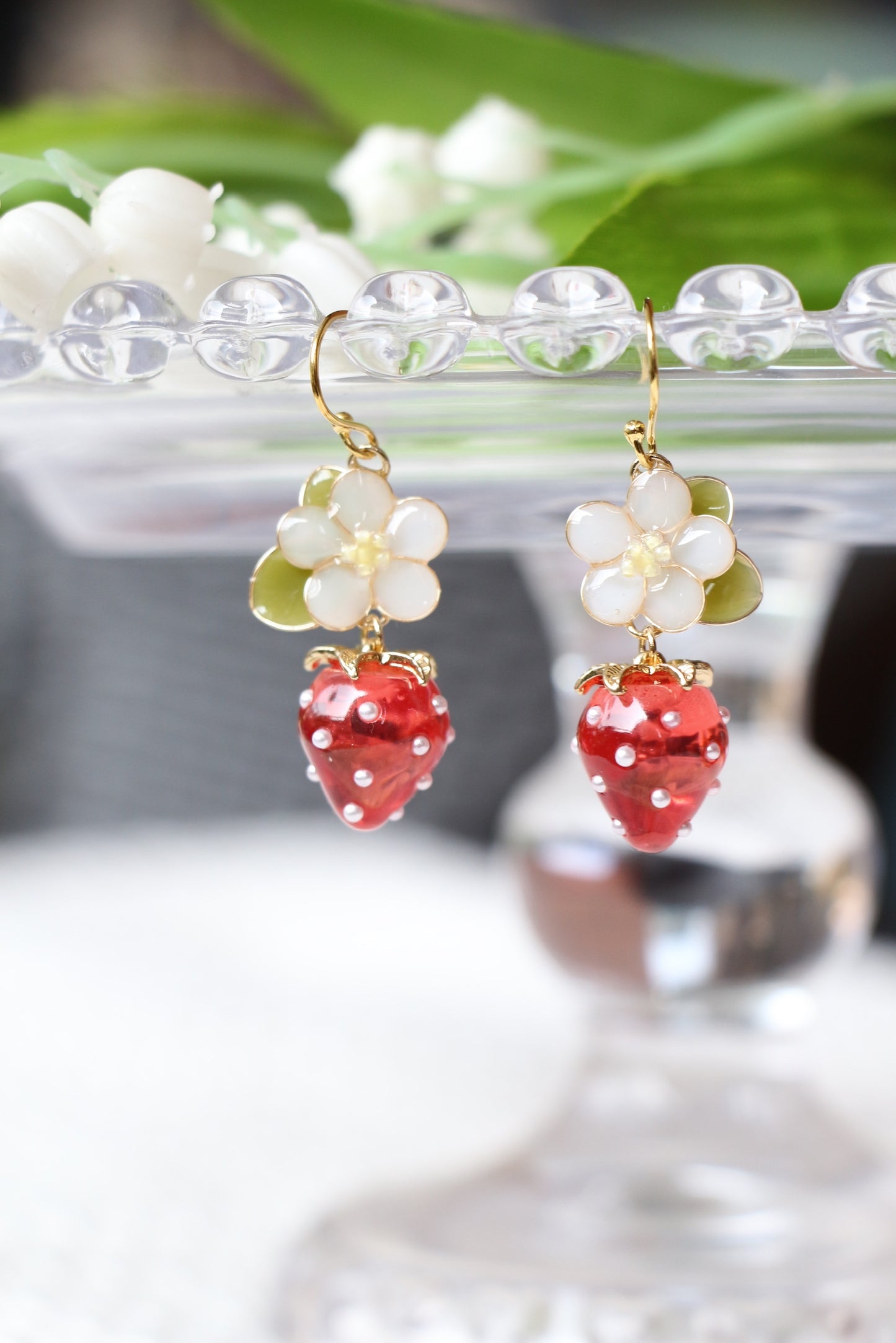 Resin Strawberry and Flower Earrings, Multicolour, Gold vermeil + 925 silver