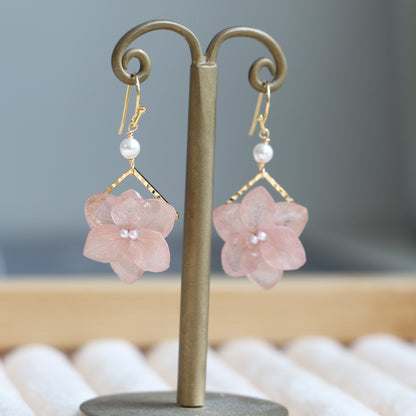 Baby Pink Gold Filled Real Hydrangea Earrings
