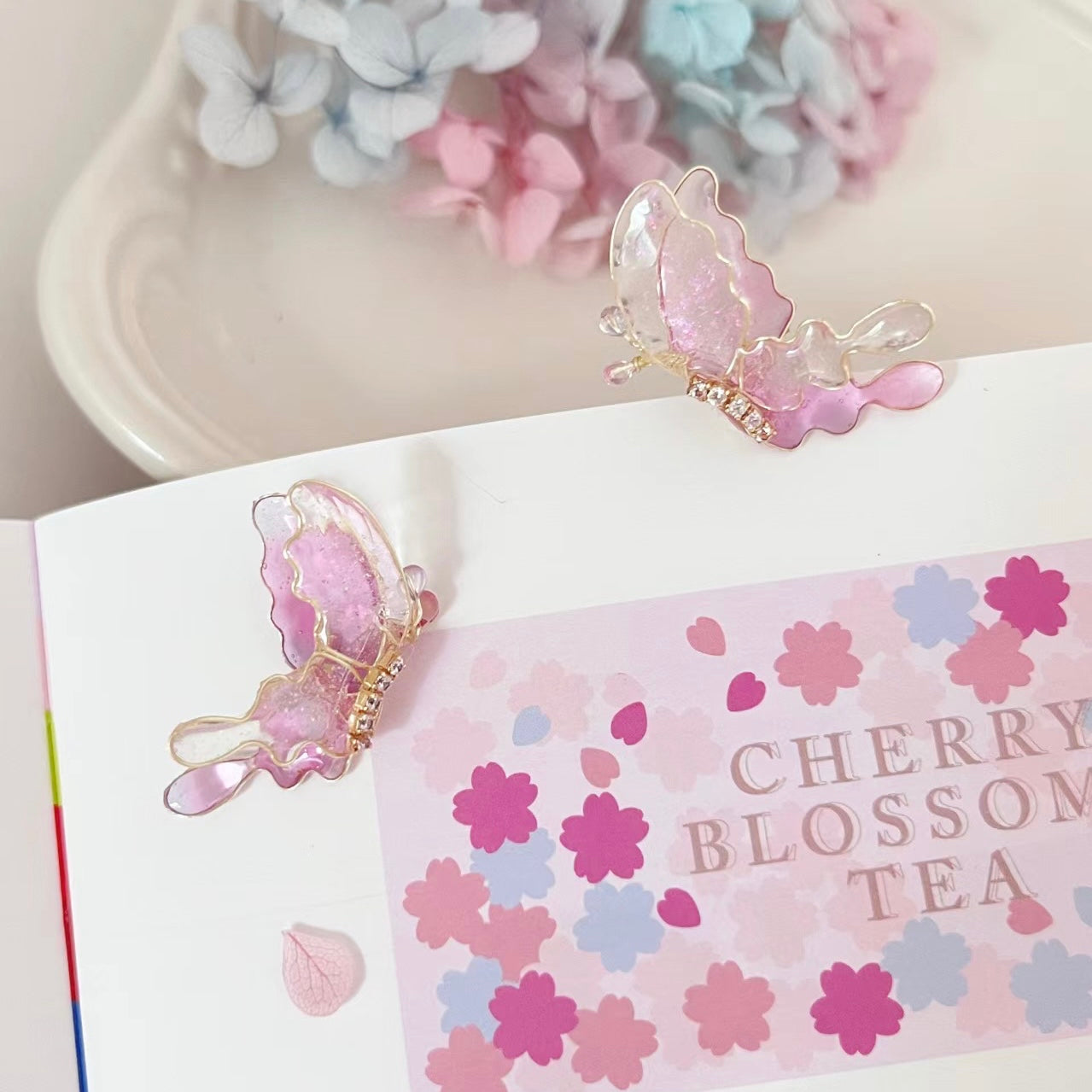 Pink Butterfly Studs, Wire Wrapped