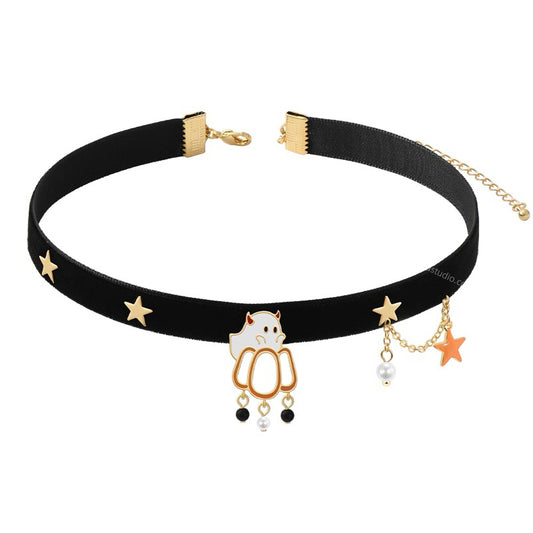 Black choker necklace with gold accents and star charms on a white background