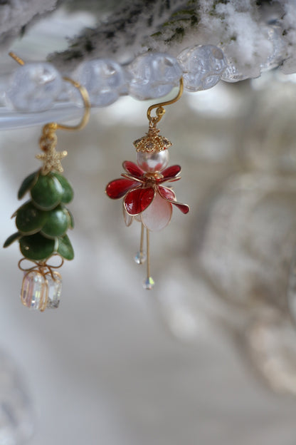 Asymmetrical Christmas Tree and Poinsettia Elf Earrings, Wire Wrapped