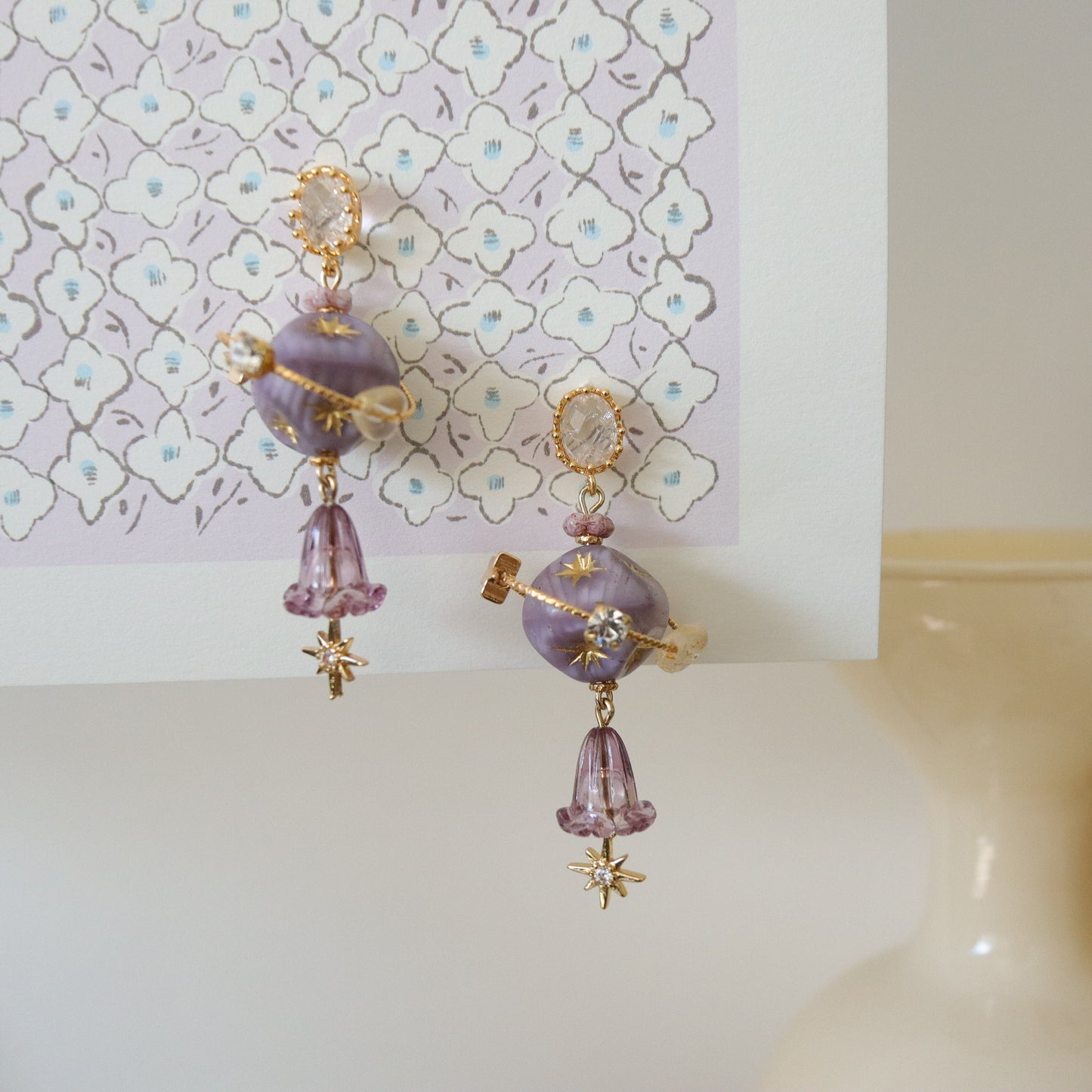 Purple Planet Bead Earrings with Stars