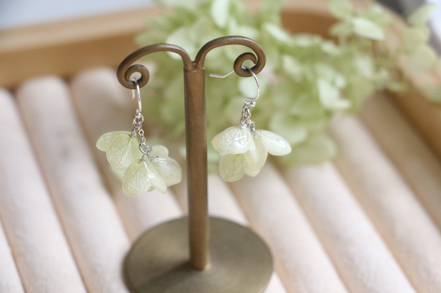 Real hydrangea gold and silver earrings dangle