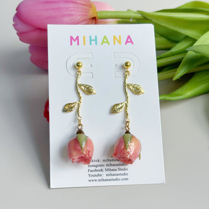 Multicolor Real Rose Buds Earrings with Branch, Gold + Silver