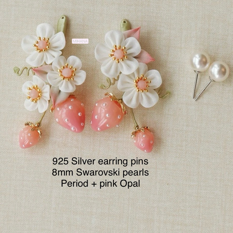 Pink Opal Strawberry and Flower Earrings, Two way wearable