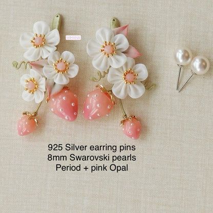 Pink Opal Strawberry and Flower Earrings, Two way wearable