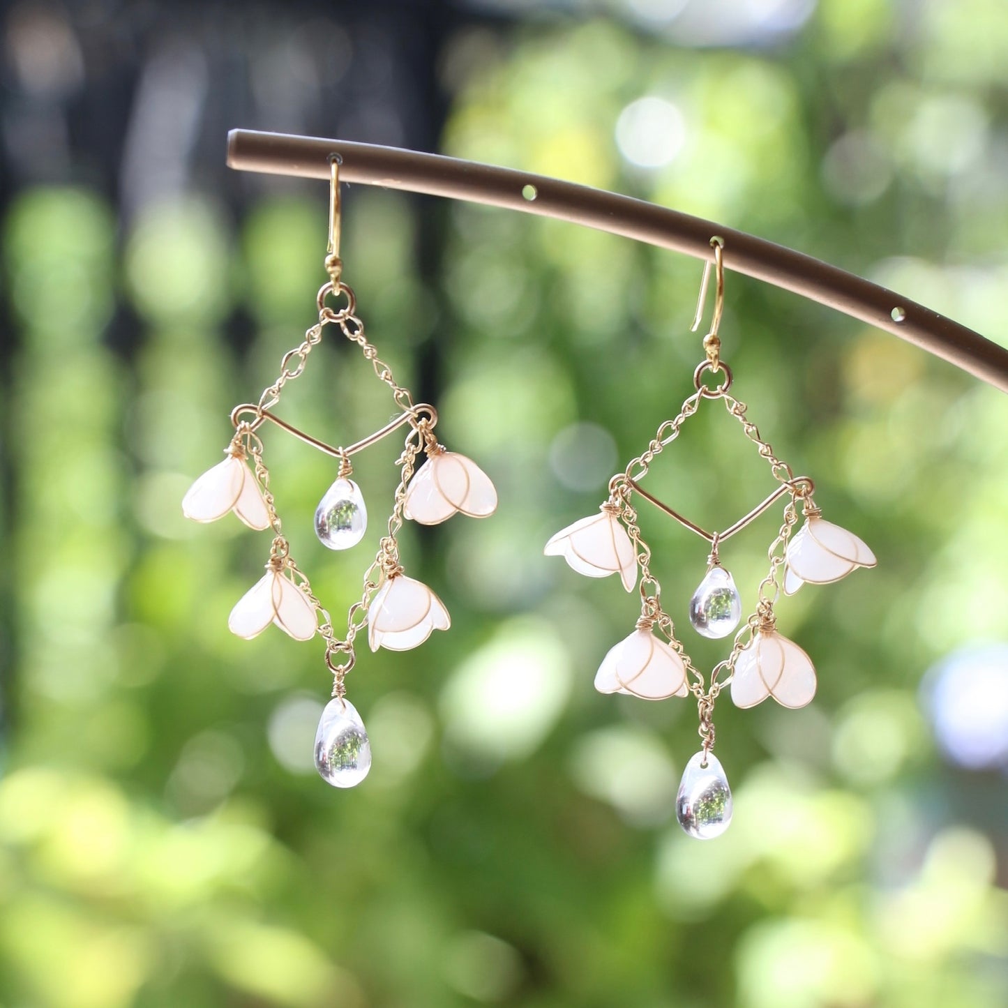 White Trumpet Lily of Valley Earrings, May Birth Flower, Bridal Jewellery, Wire Wrapped