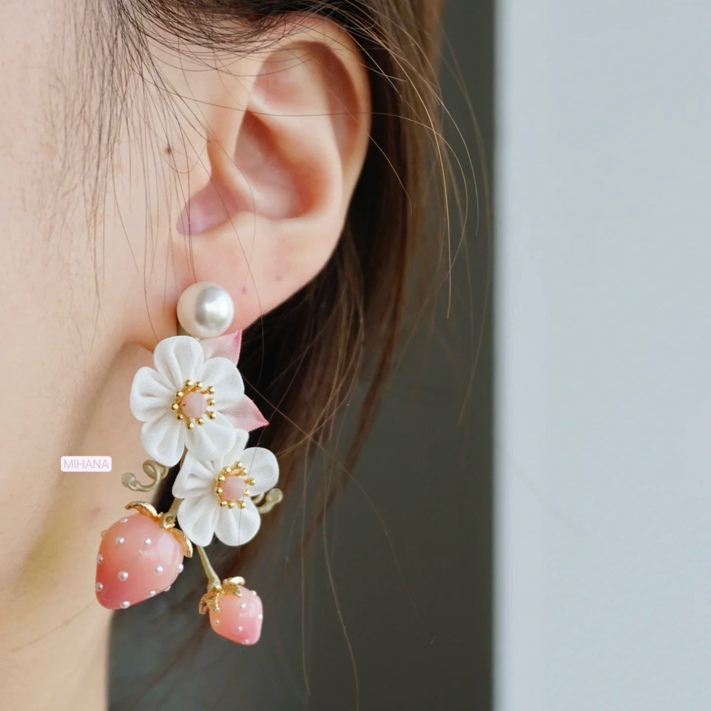 Pink Opal Strawberry and Flower Earrings, Two way wearable