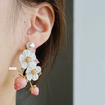 Pink Opal Strawberry and Flower Earrings, Two way wearable