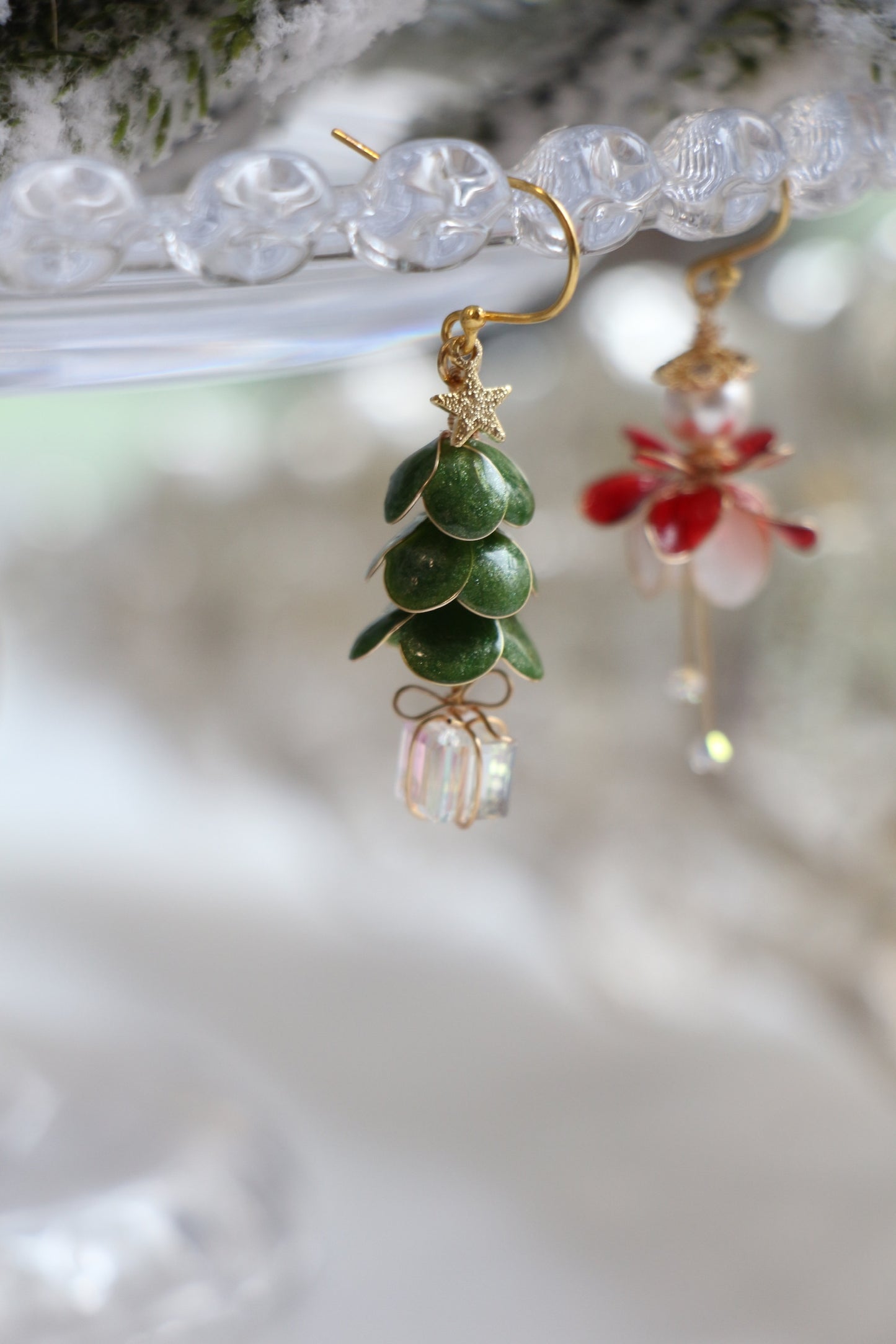 Asymmetrical Christmas Tree and Poinsettia Elf Earrings, Wire Wrapped