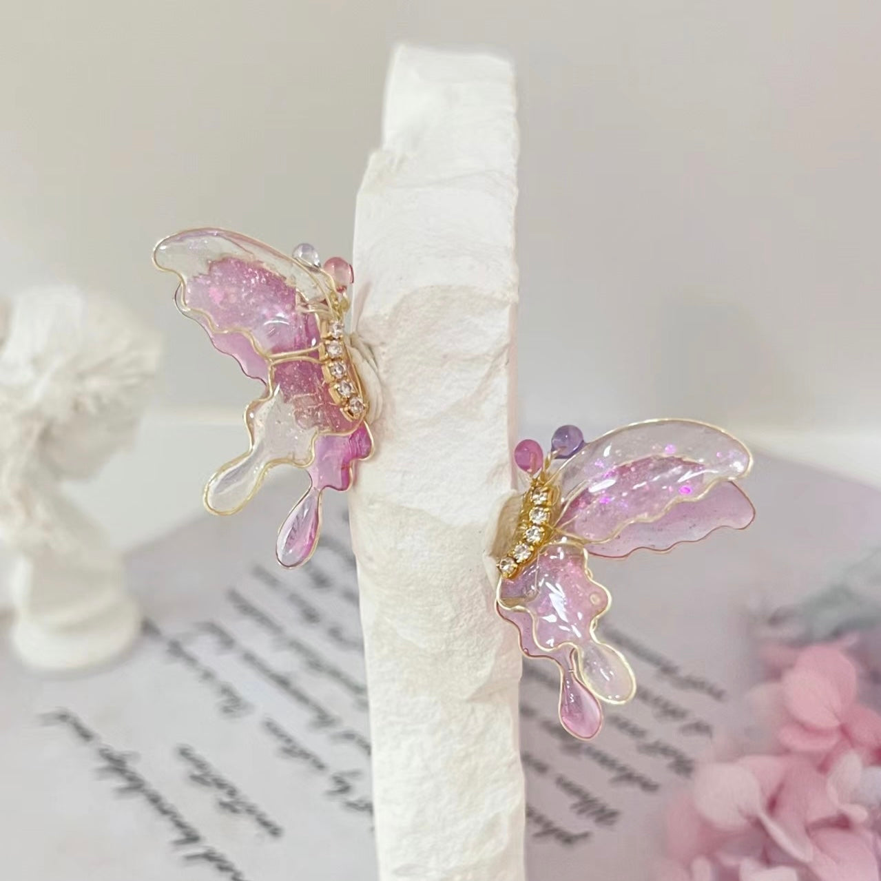 Pink Butterfly Studs, Wire Wrapped