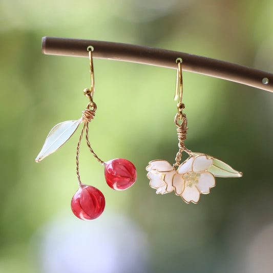 Asymmetrical Cherry with Blossom, Earrings + Necklace, Gold Vermeil + Silver