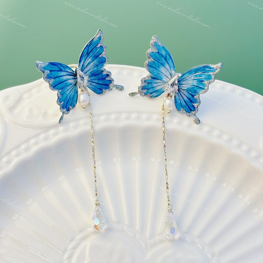 Blue Butterfly Ear Cuff with long Drops