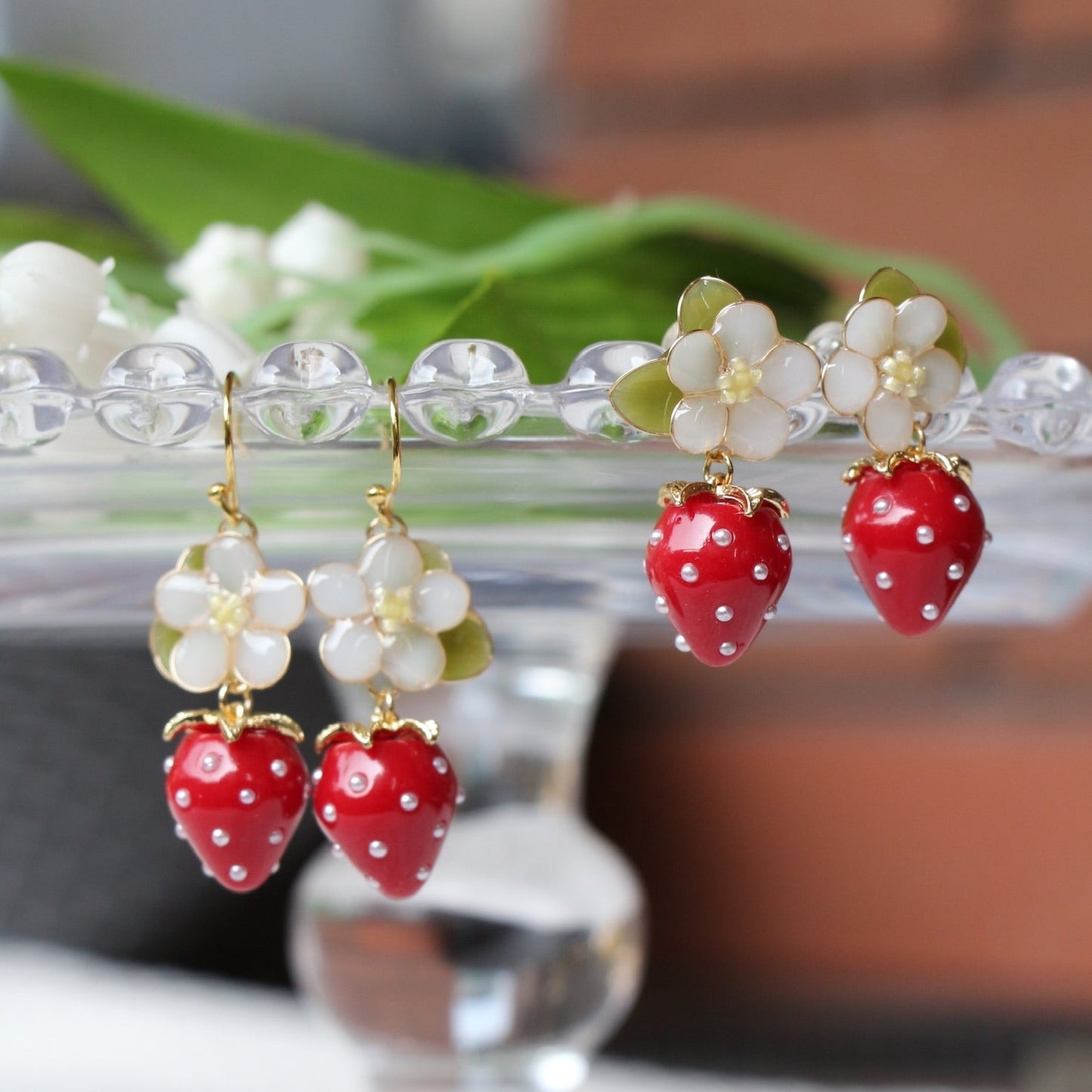 Resin Strawberry and Flower Earrings, Multicolour, Gold vermeil + 925 silver