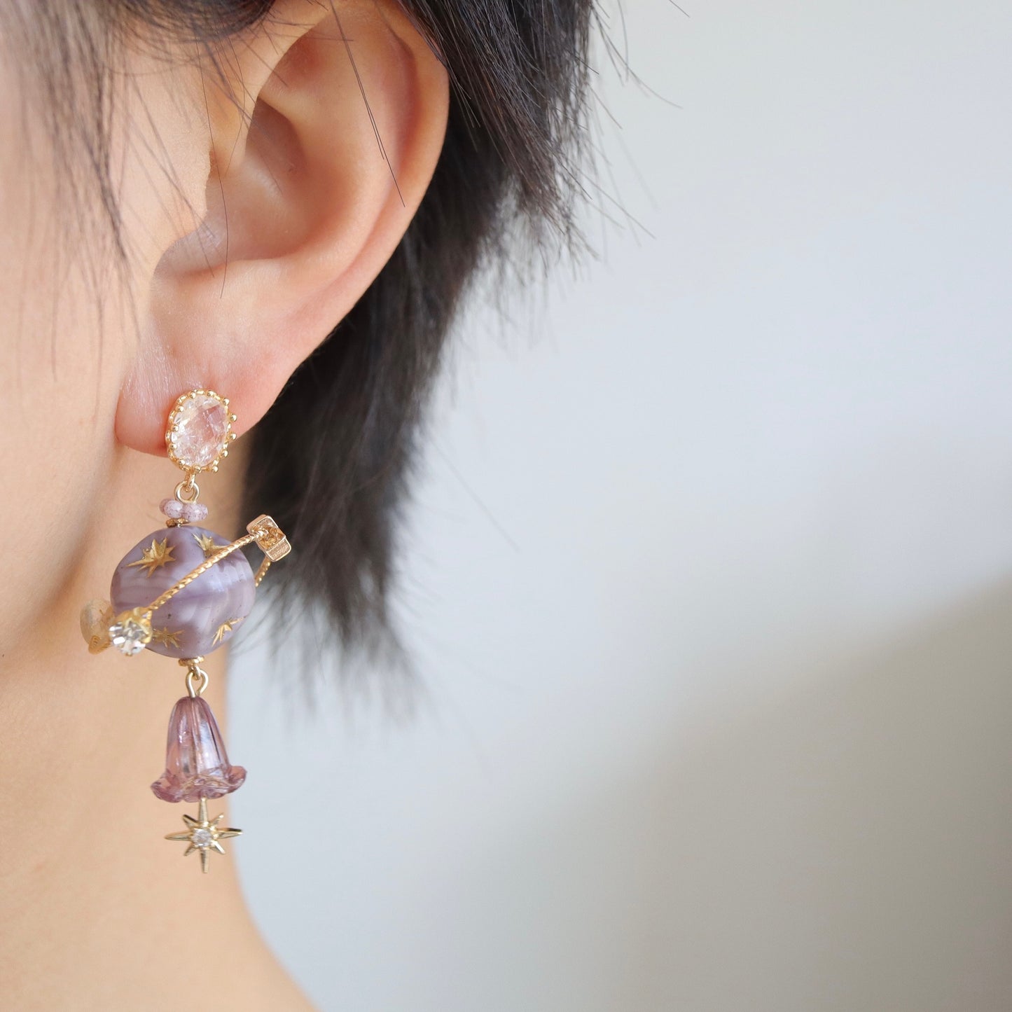 Purple Planet Bead Earrings with Stars