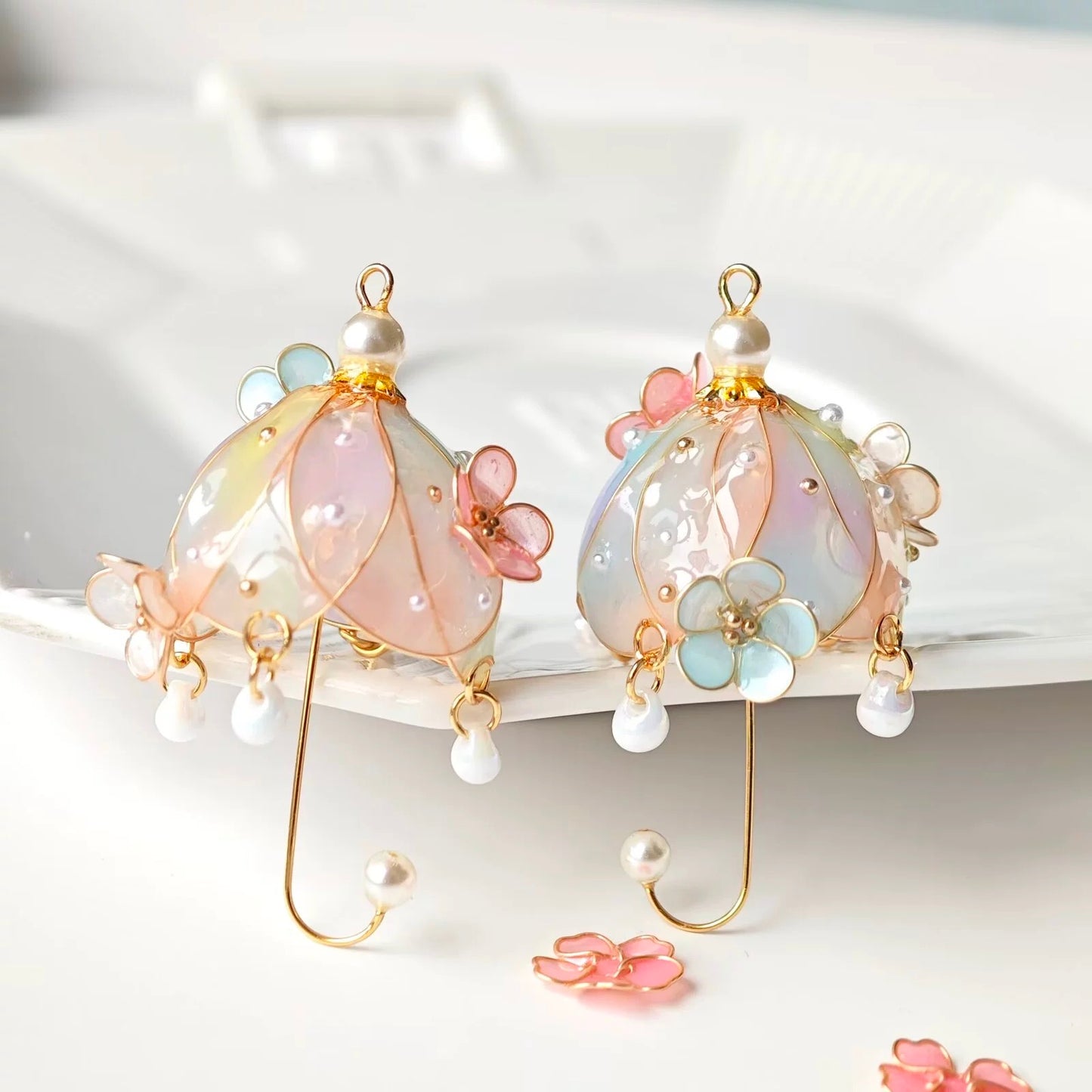 Floral Umbrella Earring Dangles, Gold Vermeil