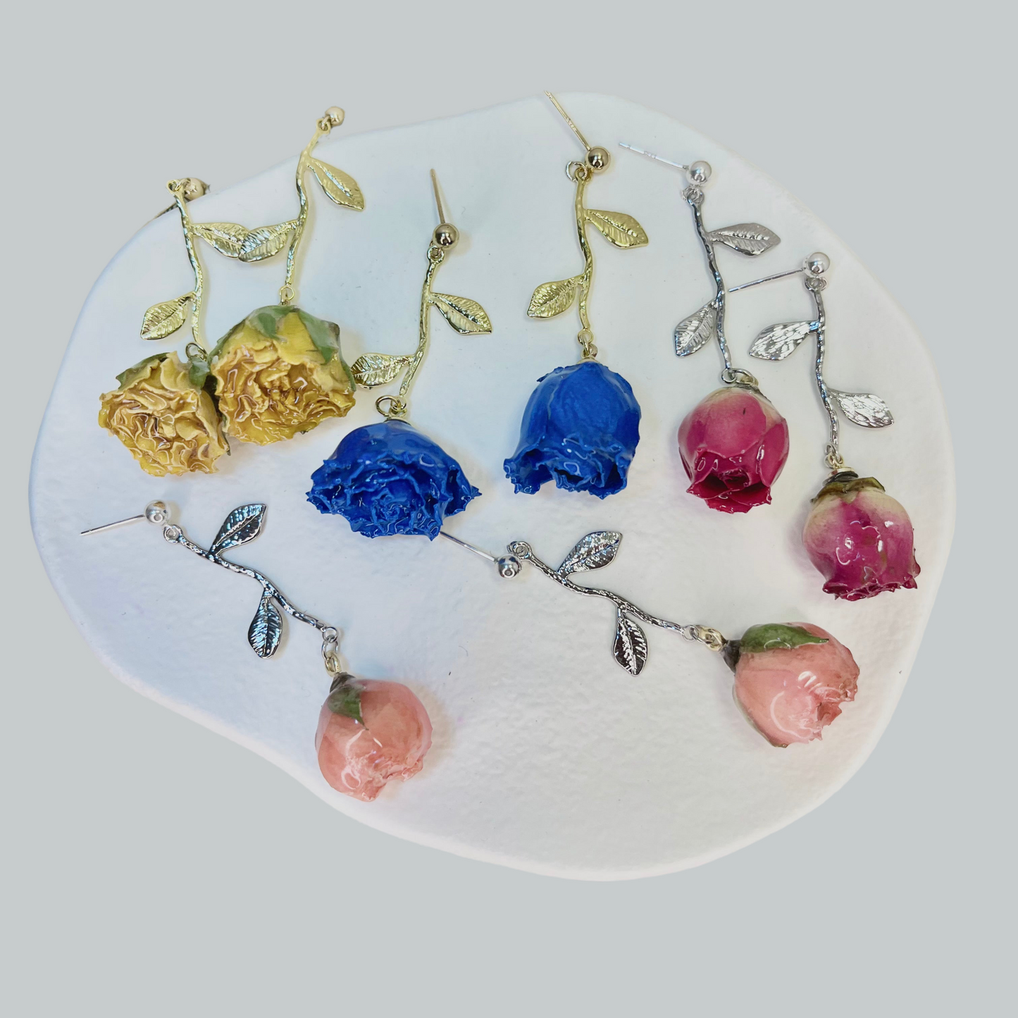 Multicolor Real Rose Buds Earrings with Branch, Gold + Silver