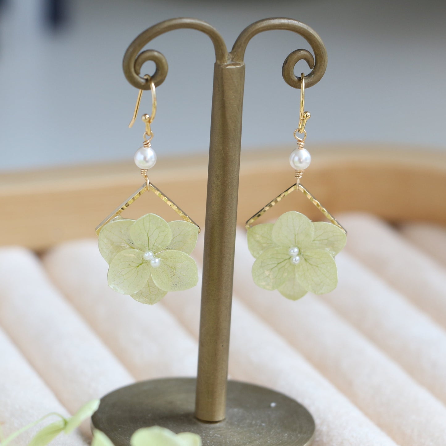 Green Gold Filled Real Hydrangea Earrings