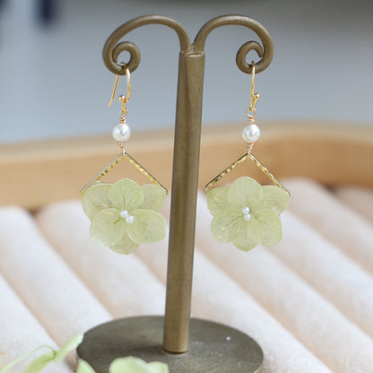 Green Gold Filled Real Hydrangea Earrings