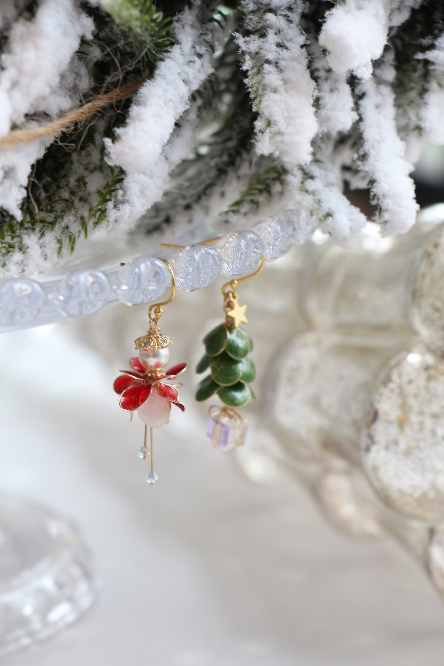 Asymmetrical Christmas Tree and Poinsettia Elf Earrings, Wire Wrapped