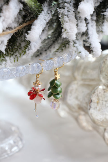 Asymmetrical Christmas Tree and Poinsettia Elf Earrings, Wire Wrapped