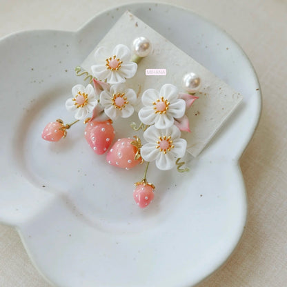 Pink Opal Strawberry and Flower Earrings, Two way wearable
