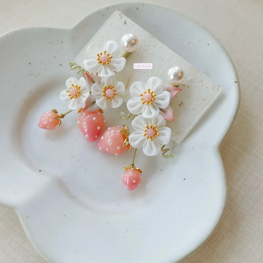 Pink Opal Strawberry and Flower Earrings, Two way wearable