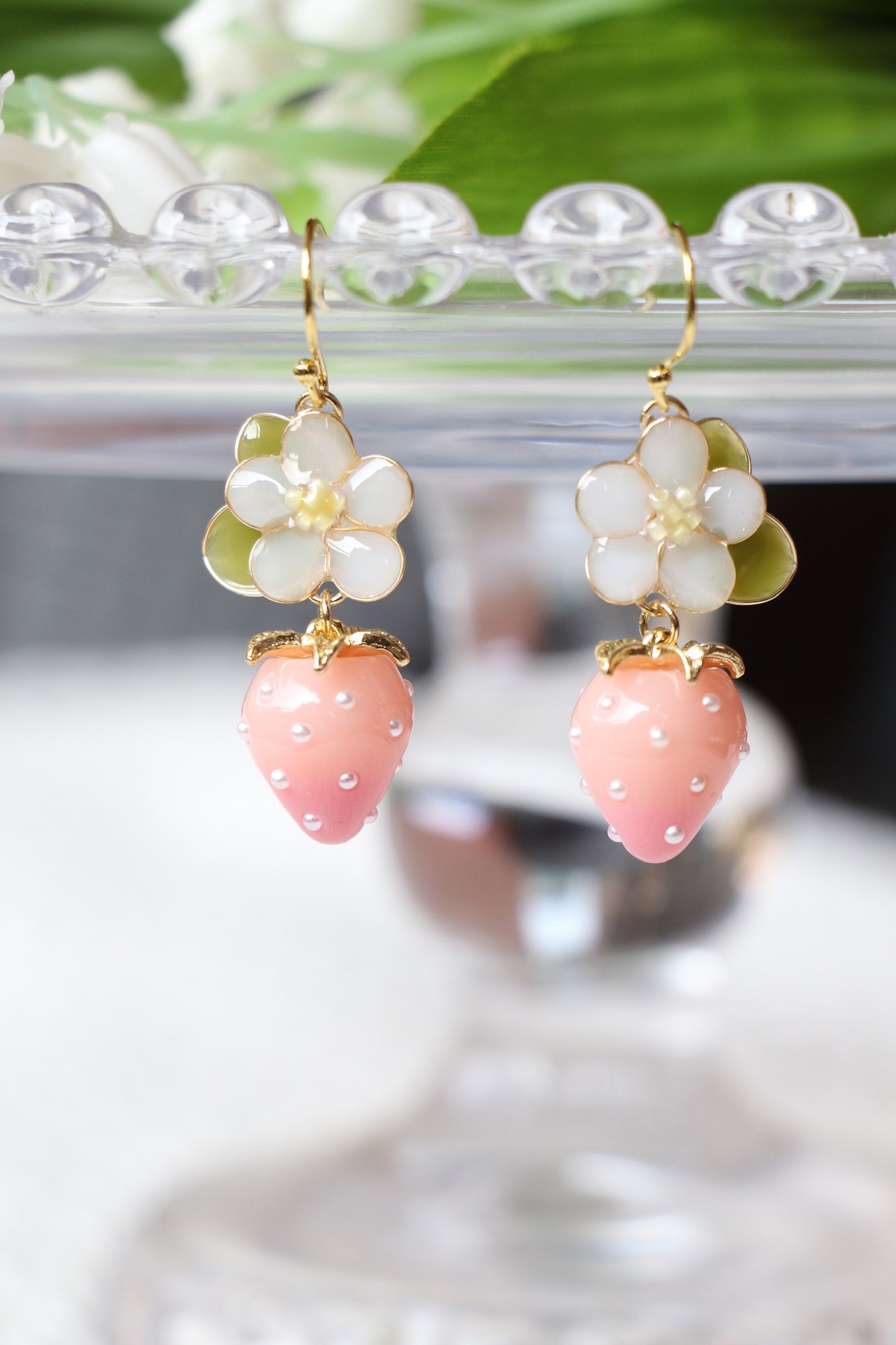 Resin Strawberry and Flower Earrings, Multicolour, Gold vermeil + 925 silver