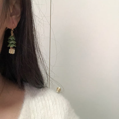 Asymmetrical Christmas Tree and Poinsettia Elf Earrings, Wire Wrapped